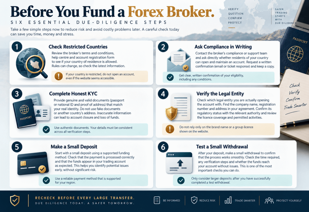 Six-step due diligence checklist for Iranian forex traders before funding a broker account